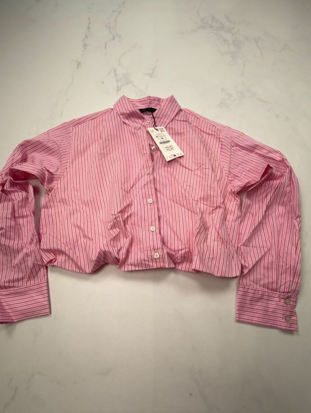 Zara Striped Button-Up Shirt Pink 2010s Minimalist Cropped - Womens M NWT